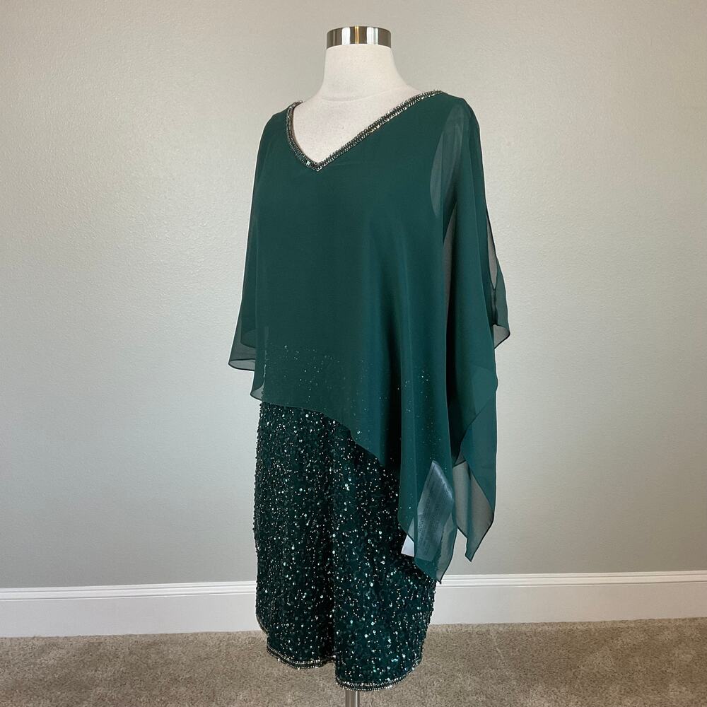 JKara Green Cocktail Dress Sequined Chiffon Caped V-Neck Mini Sheath Size 6 - Picture 5 of 12